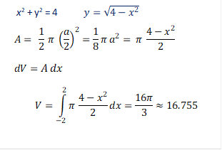 x2 + y2 = 4           y=√(4-x^2 )
   A=  1/2  π (a/2)^2=1/8 π a^2= π  (4-x^2)/2
   dV=A dx    
     V=∫_(-2)^2▒〖π  (4-x^2)/2 dx〗=16π/3≈16.755